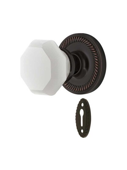 Rope Rosette Mortise Lock Set with Milk White Waldorf Crystal Glass Knobs in Timeless Bronze.